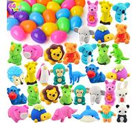 JOYIN 24 oeuf de Paques Pré-Remplis avec 48 animal Gommes pour les enfants, Gommes à Crayons, Panier de Pâques, Jouets Pré-Remplis pour œufs de Pâques