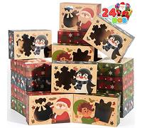 JOYIN 24 pièces 22,2 x 14,6 x 7 cm Boîtes à biscuits de Noël avec fenêtre, motifs colorés, boîte cadeau en papier kraft évidée pour pâtisseries, cupcakes, brownies, beignets, cadeau, 3 designs