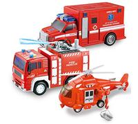 JOYIN 3 en 1 Ensemble de Voitures de Camion Véhicule de Secours d'Incendie Ville à Friction Comprenant Un Hélicoptère, Une Ambulance et Un Camion de Pompiers, avec Lumière et Son