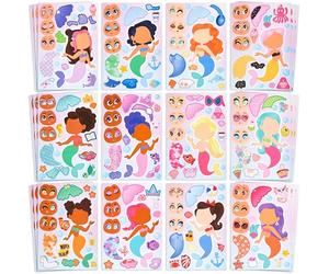 JOYIN 36 Pcs Autocollants de Visage, Fabriquez Votre Propre Sirène et Associez les Animaux sur les Feuilles d'Autocollants, Cadeau d'Anniversaire et de Fête pour Enfants 3+(Sirène)