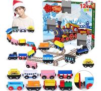 JOYIN Calendrier de l'Avent de Noël 2025, compte à rebours de 12 jours avec 12 wagons de train en bois, ensembles de trains magnétiques pour garçons et enfants, cadeaux de fête, cadeau de Noël