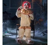 JOYIN Décoration de Clown Assis animatronique d'halloween de 165cm avec Yeux Lumineux, Son Effrayant, Bras et tête Mobiles (activé par Le Son et la lumière) pour Les décorations de Maison hantée