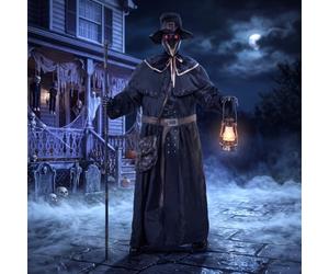 JOYIN Décoration d'Halloween d'extérieur de 190 cm : médecin fantôme animatronique, esprit debout grandeur nature activé par le bruit, tête rotative, yeux LED et lanterne