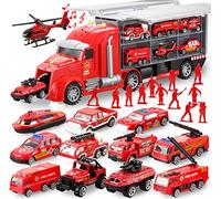 JOYIN Ensemble de jouets 25 en 1 camion de pompiers avec sons et lumières, camion de pompiers d'urgence, cadeau d'anniversaire pour garçons de 3 ans et plus