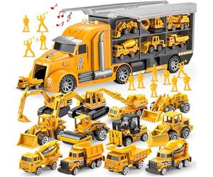 JOYIN Ensemble de Jouets de Camion de Construction moulé sous Pression 14 en 1, Ensemble de véhicules de Jeu dans Un Camion Porteur, Cadeaux d'anniversaire pour Enfants