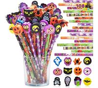 JOYIN Ensemble de papeterie Halloween 108 pièces avec crayons et gommes, 108 crayons colorés en 6 modèles, 108 gommes géantes en 12 styles pour les farces et les friandises des enfants