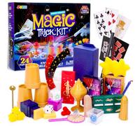 JOYIN Kit de 24 tours de magie pour enfants, calendrier de l'Avent classique en gros plan comprenant une boule d'éponge, un support à trois cartes, des anneaux de liaison, une lecture d'esprit, un