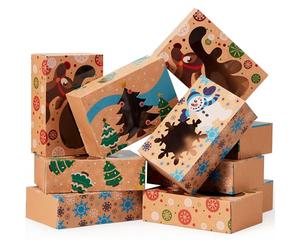 JOYIN Lot de 12 boîtes à biscuits de Noël en papier kraft avec fenêtre - 21,6 x 14,6 x 7 cm - Boîtes à friandises avec 3 motifs pour pâtisseries, cupcakes, brownies, cadeaux, beignets et biscuits