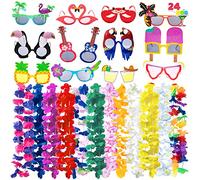 JOYIN Lot de 12 lunettes de soleil Luau et 12 pièces hawaïennes Leis, guirlandes de Leis de fleurs, lunettes de soleil fantaisie pour anniversaire, été, plage, décoration de fête