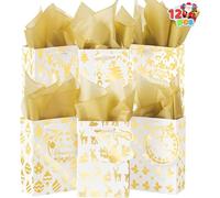 JOYIN Lot de 12 sacs cadeaux de Noël en feuille d'or avec papier de soie et étiquettes pour cartes nominatives pour cadeaux de Noël, Thanksgiving, Nouvel An (10,2 x 15,2 x 5,1 cm)