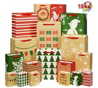 JOYIN Lot de 18 sacs-cadeaux en papier kraft crème de Noël avec des impressions chic pour cadeaux de Noël, école, salles de classe, décorations de fêtes