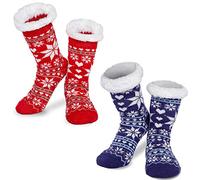 JOYIN Lot de 2 paires de chaussettes pelucheuses ondulées, chaussettes de Noël douces en polaire de qualité supérieure, doublure en polaire chaude, Rouge/bleu, taille unique