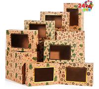 JOYIN Lot de 24 boîtes à biscuits de Noël avec fenêtre - Boîtes à friandises pour donuts et cookies - Boîtes de boulangerie en papier kraft marron avec 3 motifs - Pour pâtisseries, cupcakes