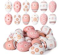 Joyin Lot de 24 œufs de Pâques en plastique à suspendre avec ruban, œufs de Pâques en bois imprimés marron et blanc de 6 cm pour décorations de Pâques à la maison, décorations de printemps, ornements