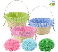 JOYIN Lot de 3 paniers de Pâques en bambou avec doublure à carreaux et poignée et 3 couleurs en papier d'herbe pour la chasse aux œufs de Pâques, friandises de fête d'enfants, remplissage de cadeaux