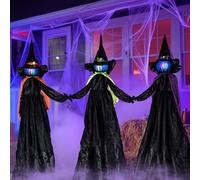 JOYIN Lot de 3 piquets de décoration de sorcière d'halloween de 121,9 cm, piquets de sorcière avec têtes Lumineuses Multicolores pour piquets de décoration de Cour, Accessoires d'halloween