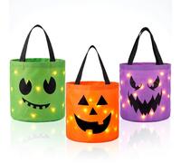 JOYIN Lot de 3 seaux de citrouille d'Halloween lumineux - 25,4 x 30 cm - Avec LED - Sacs à bonbons réutilisables - Orange, vert et violet - Pour enfants - Pour jouer à des bonbons ou des sucreries