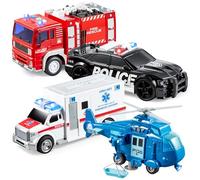 JOYIN Lot de 4 Ensembles de Jeu City Hero Propulsés par Friction Comprenant Un Camion de Pompiers, Une Ambulance, Une Voiture de Police et Un Hélicoptère de Secours