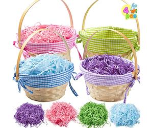 JOYIN Lot de 4 paniers de Pâques tissés en bambou avec poignées et 4 couleurs en papier d'herbe, seau de rangement en osier pour bonbons, jouets, chasse aux œufs de Pâques, fournitures de fête