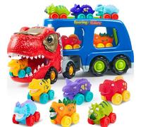 JOYIN Mini Camion de Transport de Dinosaures avec 6 véhicules Jouets en Caoutchouc Souple, avec Musique et Son Puissant, lumières Clignotantes, Cadeaux pour garçons et Filles à partir de 2 Ans(Blue)