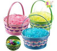 JOYIN Panier de Pâques en bambou tressé, 3 pièces, avec chutes de papier d'herbe tricolore, avec poignée pour pique-nique, cadeaux, décorations