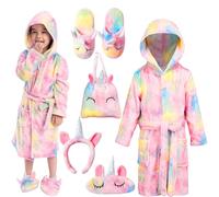 JOYIN Peignoir de bain à capuche licorne, cadeau de pyjama licorne comprenant un bandeau, une pochette à cosmétiques, des pantoufles et un bandeau pour les filles et les enfants M
