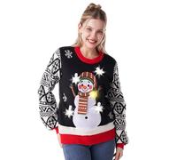 JOYIN Pull de Noël lumineux à LED pour femme avec motif renne avec ampoules, noir/blanc, Taille XL