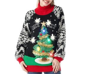 JOYIN Robe Pull Longue Moche pour Femme avec Sapin de Noël 3D Amusant et Ampoules Fantaisie, Noir à Manches Longues en Tricot