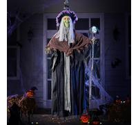 JOYIN Sorcière Volante de 150 cm - Décorations d'halloween - Décoration extérieure - Tête de Mort - Baguette Squelette - À Suspendre - Animée parlante - Animée - Animatronique - Porte de Porche -