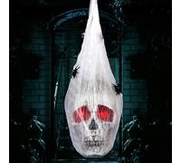 JOYIN Tête de Mort animée à Suspendre pour Halloween de 33 cm recouverte de Toiles d'araignée et d'yeux Lumineux, décorations de fête d'halloween, décoration de pelouse extérieure, décoration Murale