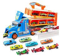 JOYIN Transporter Truck Jouets pour Enfant 3, 4, 5, 6 Ans Garçons, 12 Véhicules Jouets en Métal moulé sous Pression avec 2 lanceurs, Voiture Course Rue Pliable avec lumières et Sons comme Cadeau