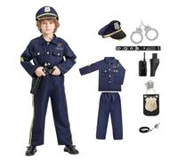 Joyincoser Costume de policier pour enfants avec casquette de policier, menottes, chemise de policier, pantalon, radio et sifflet pour garçons et filles Halloween Carnaval (Grand)
