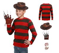 Joyincoser Freddy Lot de 4 costumes pour enfant avec gant, chapeau gant, pull à rayures rouge, tenues effrayantes pour Halloween, cosplay, carnaval (3-4 ans)
