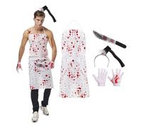 Joyincoser Lot de 5 costumes d'Halloween pour homme et femme - Costume d'horreur effrayant - Tablier , faux couteau, gants, coiffe - Autocollant de tatouage pour Halloween, carnaval