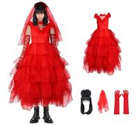 Joyincoser Lydia Deetz - Lot de 4 costumes gothiques pour femmes - Robe de mariée grande taille - Voile de mariée - Gants pour Halloween, fête d'anniversaire, costumade (taille L)