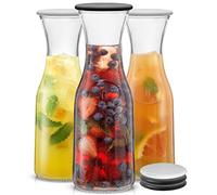 JoyJolt Carafe en verre avec couvercles. 3 carafes en verre pour bar à mimosa, capacité de 1 020,6 g. 6 couvercles. Décorations de brunch, carafe à eau de chevet, récipient à jus d'orange, carafes à