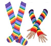 JOYKK Femmes Rainbow Stripes sur la Cuisse du Genou Chaussettes Hautes Manchettes Gants sans Doigts Ensemble De Déguisements Mascarade Party Costume - 1# Pourpre