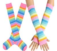 JOYKK Femmes Rainbow Stripes sur la Cuisse du Genou Chaussettes Hautes Manchettes Gants sans Doigts Ensemble De Déguisements Costume De Fête Mascarade - 4# Rose