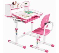 JOYLDIAS Bureau pour enfant avec chaise réglable en hauteur, avec bibliothèque, dossier divisé, plateau de table inclinable de 0 à 40°, tiroir et crochet, rose
