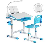 JOYLDIAS Bureau pour Enfant réglable en Hauteur avec Lampe et Chaise et tiroir avec Petit Seau Bleu