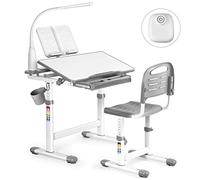 JOYLDIAS Bureau pour Enfant réglable en Hauteur avec Lampe et Chaise et tiroir avec Petit Seau (Gris)