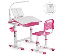JOYLDIAS Bureau pour Enfant réglable en Hauteur avec Lampe et Chaise et tiroir avec Petit Seau Rose