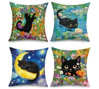 Joymaison Housse Coussin 45x45 Lot de 4 Fleurs Chat Noir Papillon Coloré | Housse d'oreiller Artistique Amoureux des Chats Cadeaux Femmes Moderne Printemps Vintage Decoration Canape Salon Extérieur
