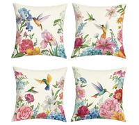 Joymaison Housse Coussin 45x45 Lot de 4 Fleurs Colibri Lys Iris Hortensia | Housse d'oreiller Campagne Française Vintage Oiseaux Printemps Decoration Canape Salon Extérieur