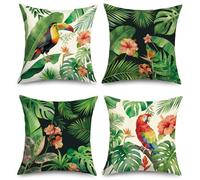 Joymaison Housse Coussin 45x45 Lot de 4 Tropical Palmier Hibiscus Toucan | Housse d'oreiller Printemps Perroquet Été Peinture à l'aquarelle Fleurs Verte Coloré Decoration Canape Salon Extérieur