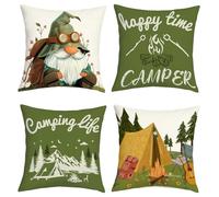 Joymaison Housse Coussin 45x45 Lot de 4 Vert Camping Bivouac Caravane Taie d'oreiller GNOME Camping Car Gadget Cadeau Housse d'oreiller pour Exterieur Van Aménagé Decoratif