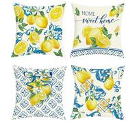 Joymaison Housse Coussin 50x50 Lot de 4 Citron Jaune Méditerranéen Bleu | Housse d'oreiller Fleurs Été Géométrique italien Decoration Canape Salon Extérieur