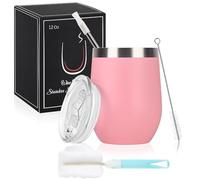 Joymaking Gobelet à vin en acier inoxydable Stemless avec couvercle, double paroi incassable gobelet de voyage pour lait, café, vin, bière, champagne, cocktails, rose