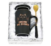 Joymaking Tasse amusante avec inscription en allemand « Erkenne die Zeichen » - Motif chats - Cadeau pour les amoureux des chats, les collègues, les amis, les femmes, 400 ml - Noir
