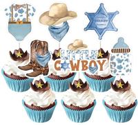JOYMEMO 24 Pcs Little Cowboy Baby Shower Cupcake Toppers - Blue Brown Western Cowboy Baby Shower Decorations, Double Sided Wild West Baby Shower Cake Decor for Pregnancy Celebration Newborn Party
